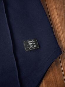 HIMLAND Men's Letter & Toothpick Design Casual Knit Short Sleeve T-Shirt Navy Mens T Shirt Navy Blue Top Men Mens Casual Tops Curved Hem Tee Men - Blue - View 5