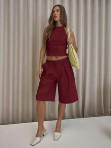 MUSERA 褶裥直筒修身长款短裤，尽显优雅性感街头风，适合秋季、夜晚外出、冬季派对、情人节和春季穿着。 - 酒紅色 - 查看 1