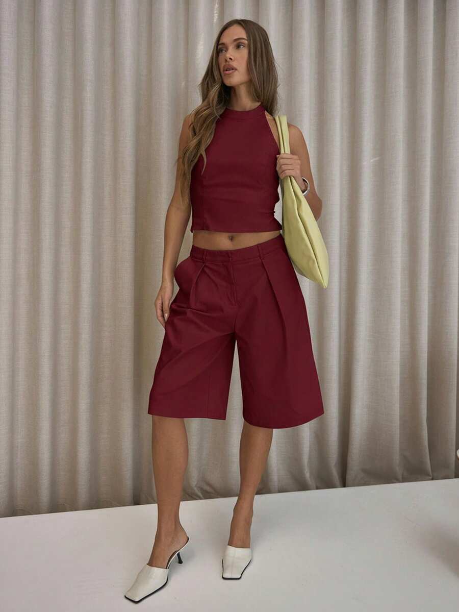 MUSERA 褶裥直筒修身长款短裤，尽显优雅性感街头风，适合秋季、夜晚外出、冬季派对、情人节和春季穿着。 - 酒紅色 - 查看 1