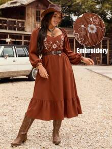 LanaWest CURVE Vestido casual de vacaciones de talla grande para mujer, de unicolor, con bordado, cintura con cordón, manga larga y bajo con volantes hasta la pantorrilla - Naranja Quemada - Ver 1