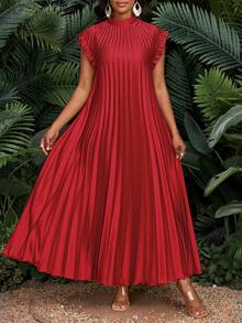 SHEIN Lady Große Größen Elegantes Partykleid in A-Linie für Hochzeit, Cocktailparty, Boho-Strand, mit Stehkragen, für Damen, geeignet für Frühling, Sommer, Herbst und Winter - Rot - Übersicht 3