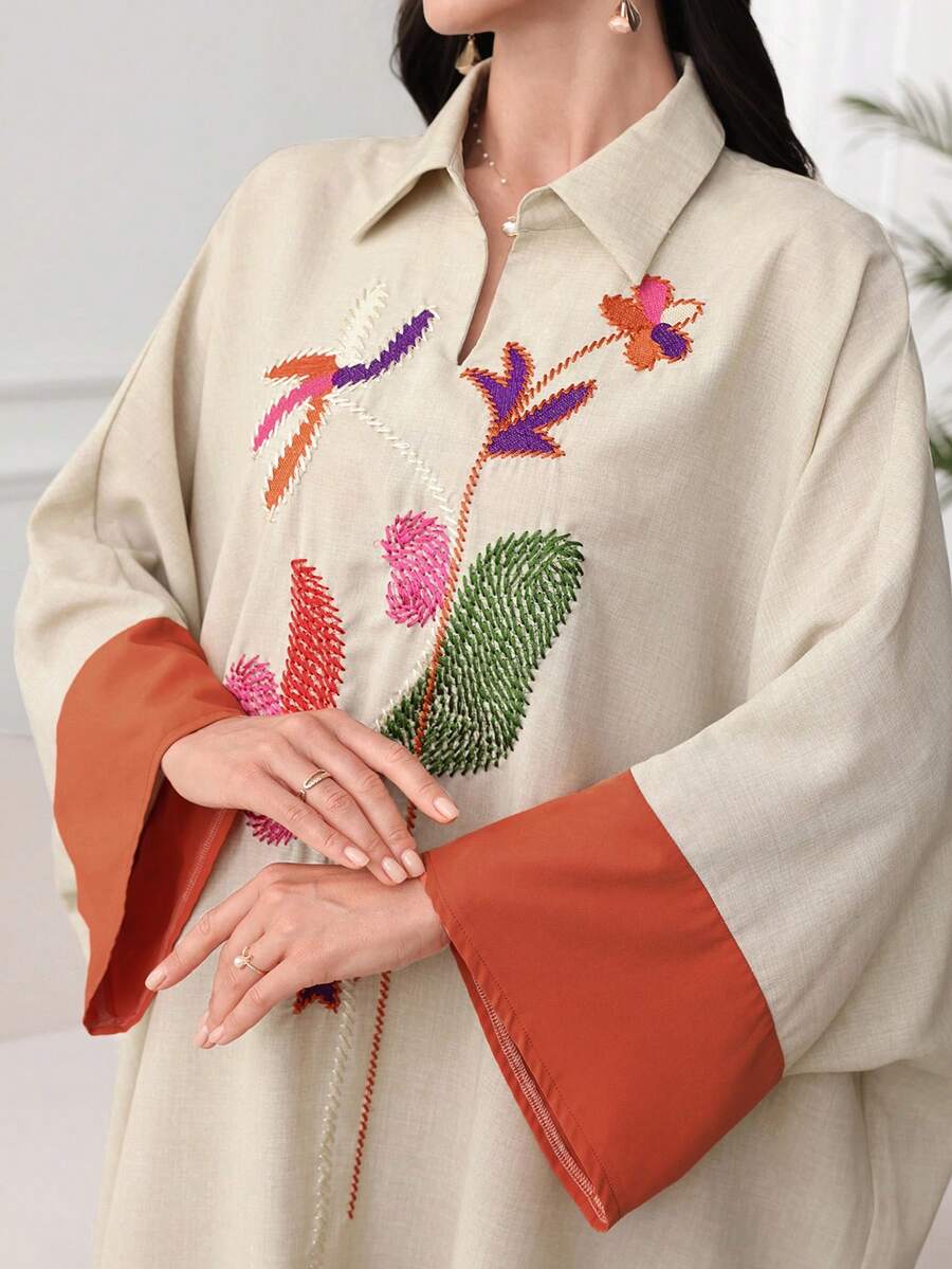 SHEIN Najma CURVE 大码优雅领蝙蝠袖撞色刺绣袖口连衣裙