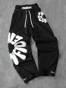PAVTROS 男士字母印花抽绳阔腿休闲运动裤 黑色图案运动裤 男士字母印花弹力裤 Y2K 运动裤 男士街头风运动裤 街头风运动裤 - 黑色 - 查看 3