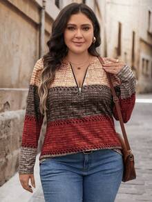 SHEIN LUNE 大码女装圣诞节半拉链T恤，圣诞秋冬上衣，波西米亚风 - 橘色 - 查看 4