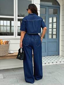 SHEIN ICON Women Plus Size Short Sleeve Fashion Washed Dark Denim Jacket