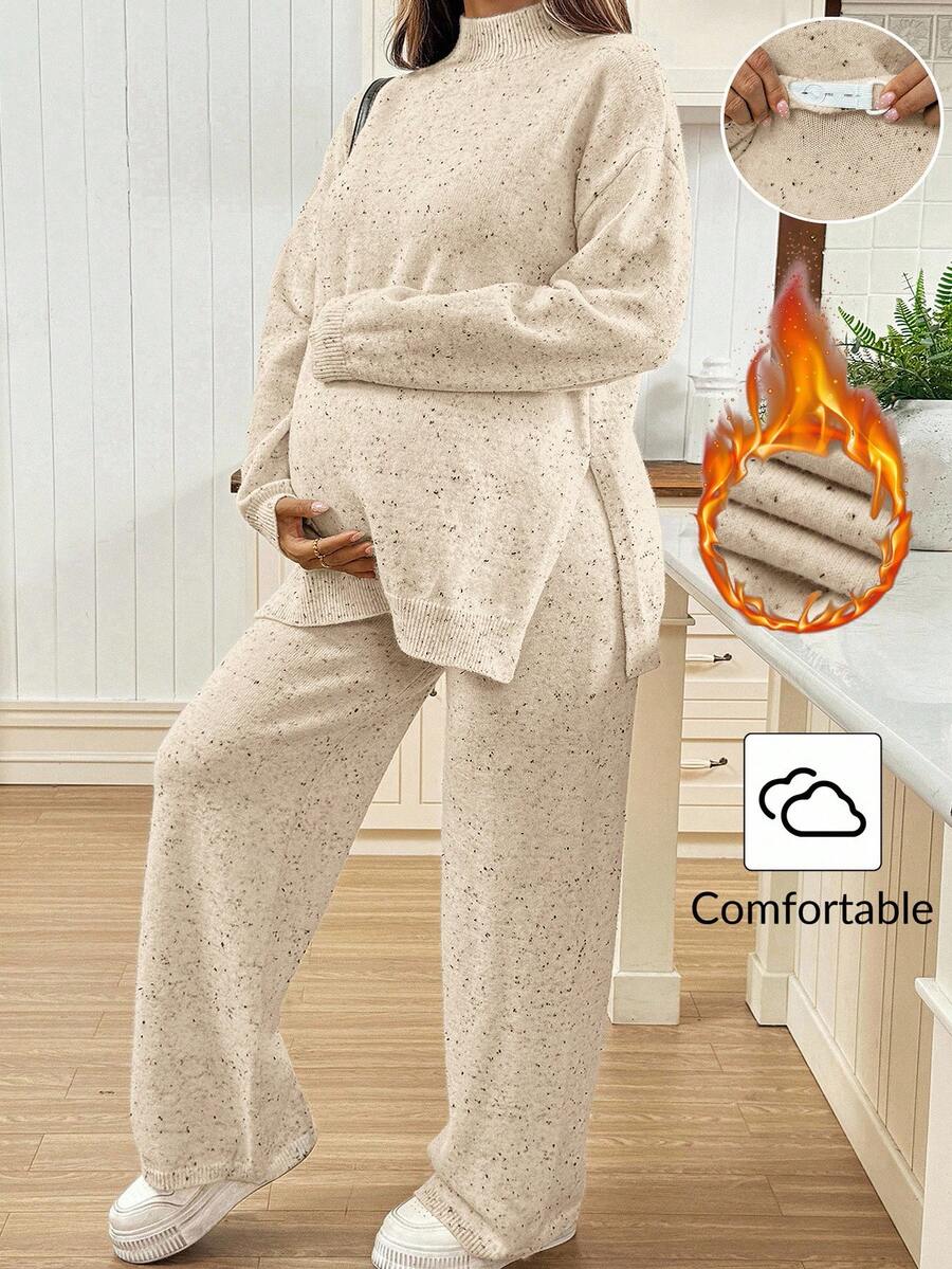 SHEIN Maternity Casual Warm Side Slit Dropped Shoulder Sweater And Pants Set, Autumn/Winter