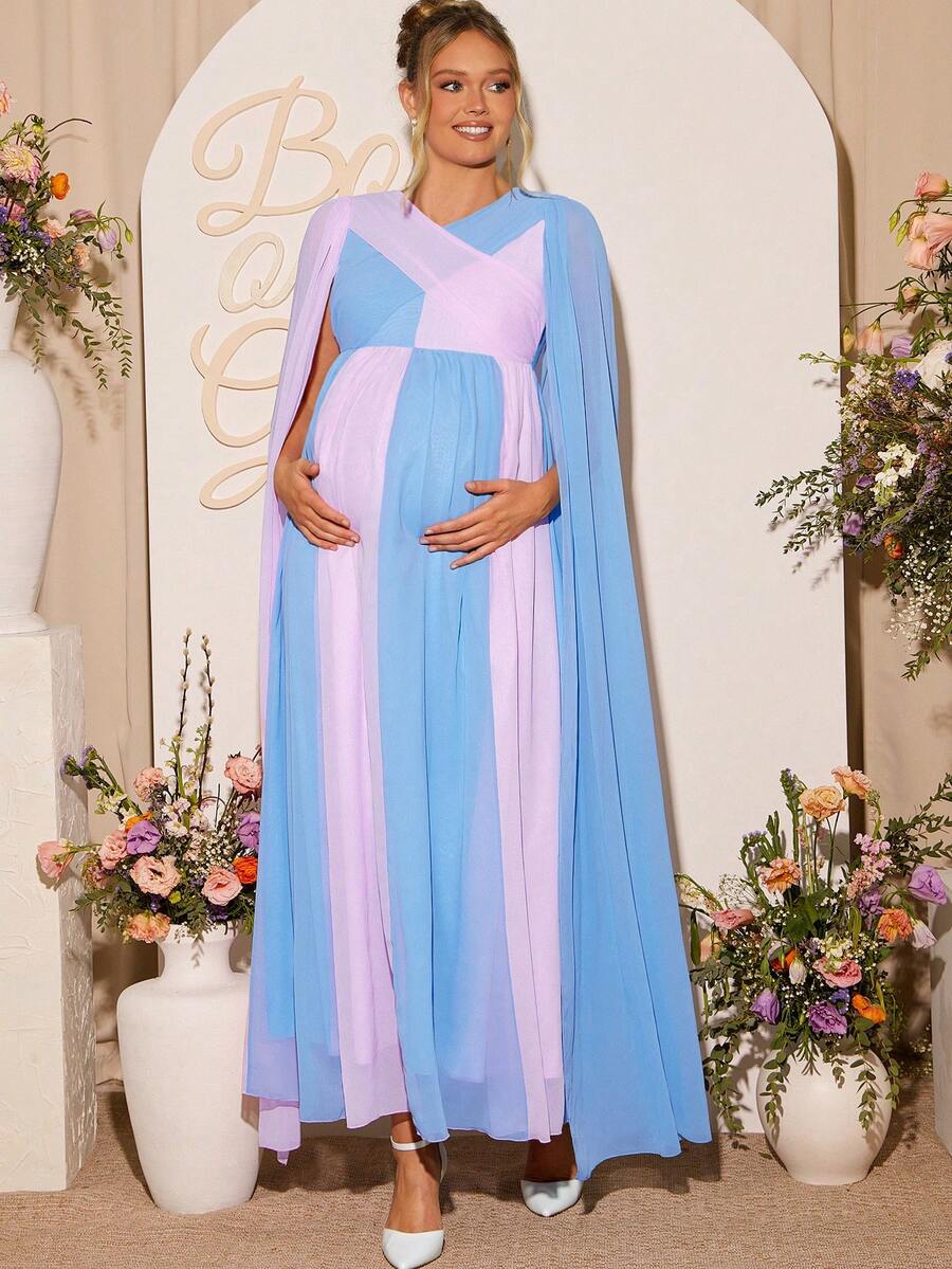 Loomaby 优雅的孕妇派对礼服，双色拼接，收腰设计，侧开衩袖子 - 彩色 - 查看 1