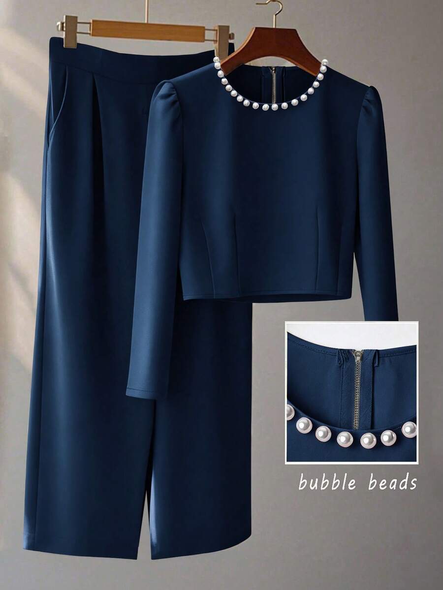 GlowEve 两件套：独特串珠长袖上衣和中长裙，优雅秋冬风格 - 寶藍色 - 查看 1