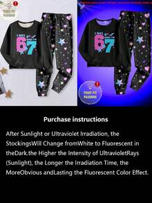 Tween Girls Glow-In-The-Dark Numeric 67 & Star Heart Print Knit Top & Snug Fit Bottoms 2Pcs Pajama Set Snug Fit