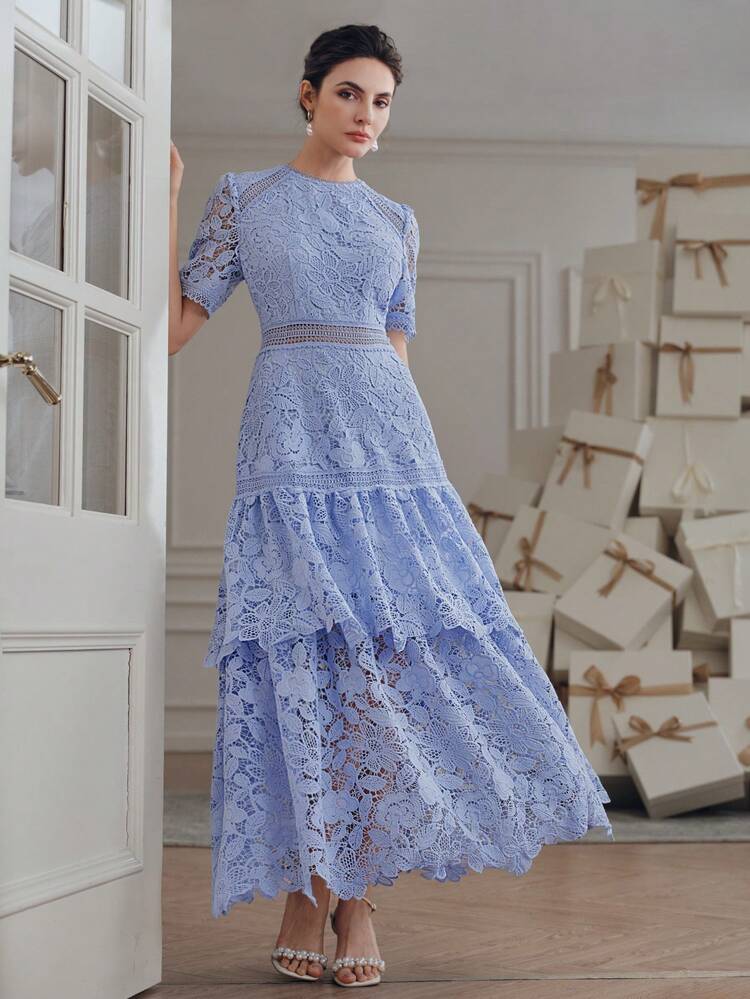 Anewsta New Party Summer Vacation Outfit Round Neck Short Sleeve Hollow Splice A-Line Dress, Exquisite Water-Soluble Lace Elegant Women Dress