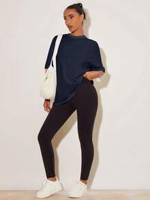 SHEIN BASICS 女士休闲纯色宽松落肩短袖T恤，夏季 - 藏蓝色 - 查看 5