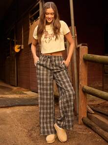 WESTFADE 格纹编织抽绳腰宽松中腰阔腿裤，冬季、波西米亚风、西部风、假日、圣诞节、新年、纳什维尔牛仔风、休闲、可爱 - 棕色 - 查看 1