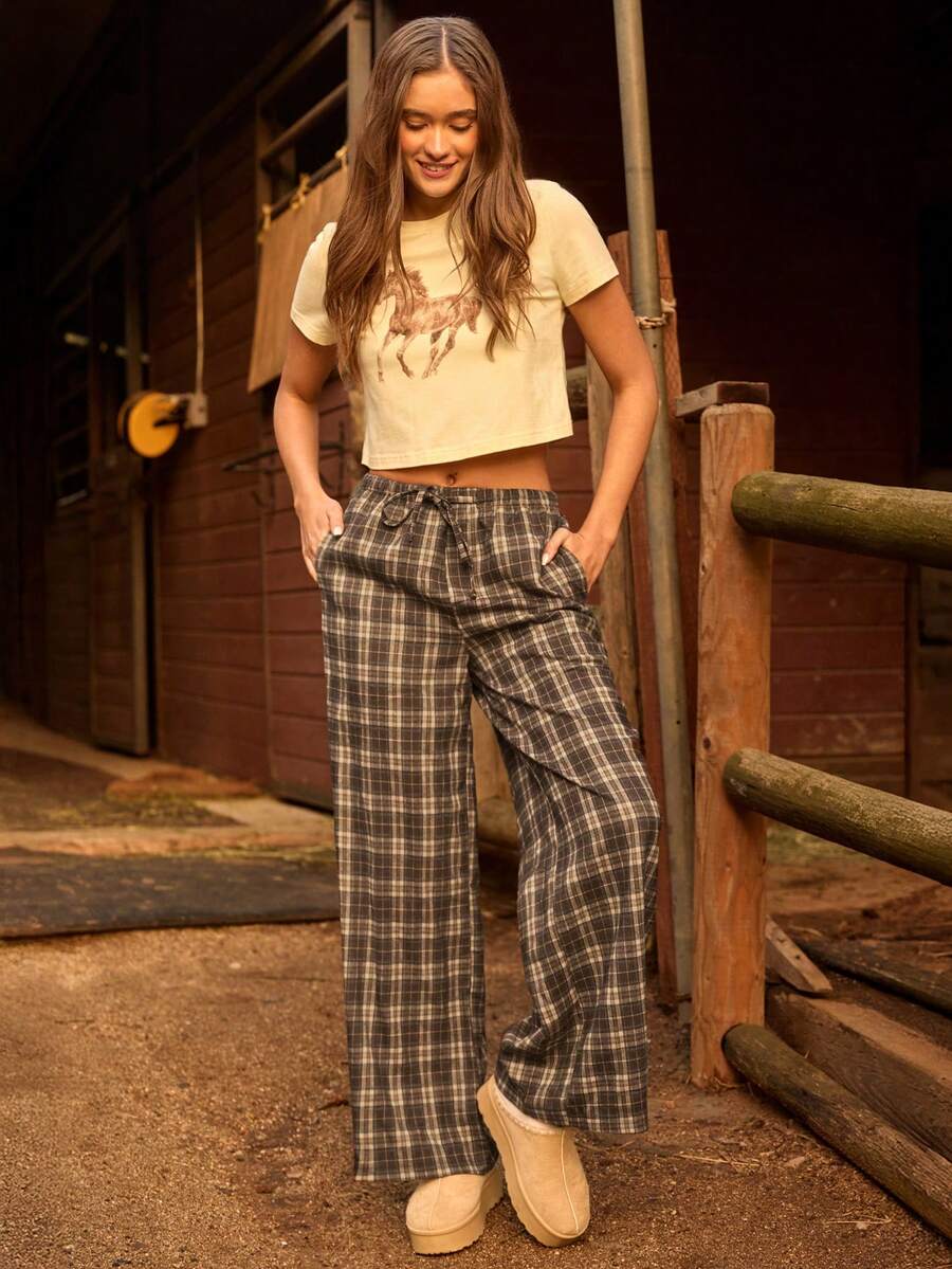 WESTFADE 格纹编织抽绳腰宽松中腰阔腿裤，冬季、波西米亚风、西部风、假日、圣诞节、新年、纳什维尔牛仔风、休闲、可爱 - 棕色 - 查看 1