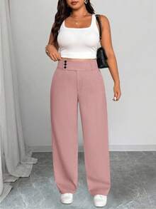 SHEIN PETITE CURVE Quần cạp cao tối giản màu trơn cỡ lớn, mặc thường ngày - Hồng - Xem 4