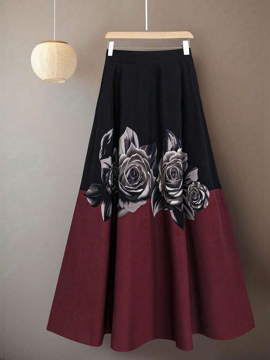 SHEIN Tall CURVE Jupe évasée à imprimé floral rose et couleur contrastée pour femmes grandes tailles, , minimaliste, élégante, romantique - Multicolore - Voir 1