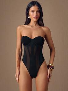 SHEIN BAE Black Sexy Sheer Mesh Patchwork Asymmetric Strapless Bodysuit, Suitable For Autumn/Winter,Valentine's Day