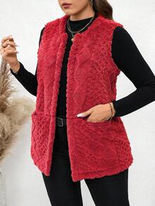 SHEIN LUNE Áo vest hở hai túi phía trước họa tiết lông mềm mại cỡ lớn dành cho nữ, thích hợp mặc vào mùa thu, quần áo thu cỡ lớn - Đỏ - Xem 6