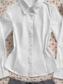 SHEIN EZwear 女式系带撞色不对称下摆修身长袖衬衫 - 白色 - 查看 5