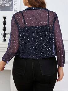 SHEIN Tall CURVE Trang phục lễ hội Rave cỡ lớn mùa thu dành cho phụ nữ thường ngày Áo khoác lửng xuyên thấu bạc kim tuyến - Màu xanh hải quân - Xem 2