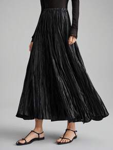 Ontre 2026春夏纯色弹力腰褶皱纹理面料长款休闲裙，优雅浪漫休闲通勤办公皆宜，适合婚礼宾客、海滩度假、音乐节、派对等场合。 - 黑色 - 查看 2