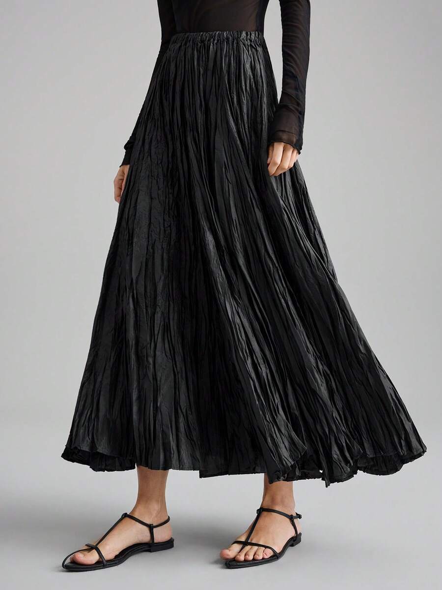 Ontre 2026春夏纯色弹力腰褶皱纹理面料长款休闲裙，优雅浪漫休闲通勤办公皆宜，适合婚礼宾客、海滩度假、音乐节、派对等场合。