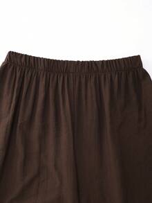 Chiquease 女士时尚休闲宽松荷叶边V领刺绣上衣和阔腿裤两件套，长袖，秋季 - 棕色 - 查看 7