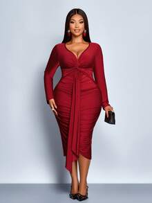 SOLERSUN Plus Size Fall And Spring New Style Solid Color Knitted High Elastic Shiny Fabric V-Neck Pleated Twist Design Hip Long Sleeve Dress Suitable For Dating Dinner Wedding Party Occasions Elegant Sexy Concert Carnival Graduation Party Fashion Women's Clothing
