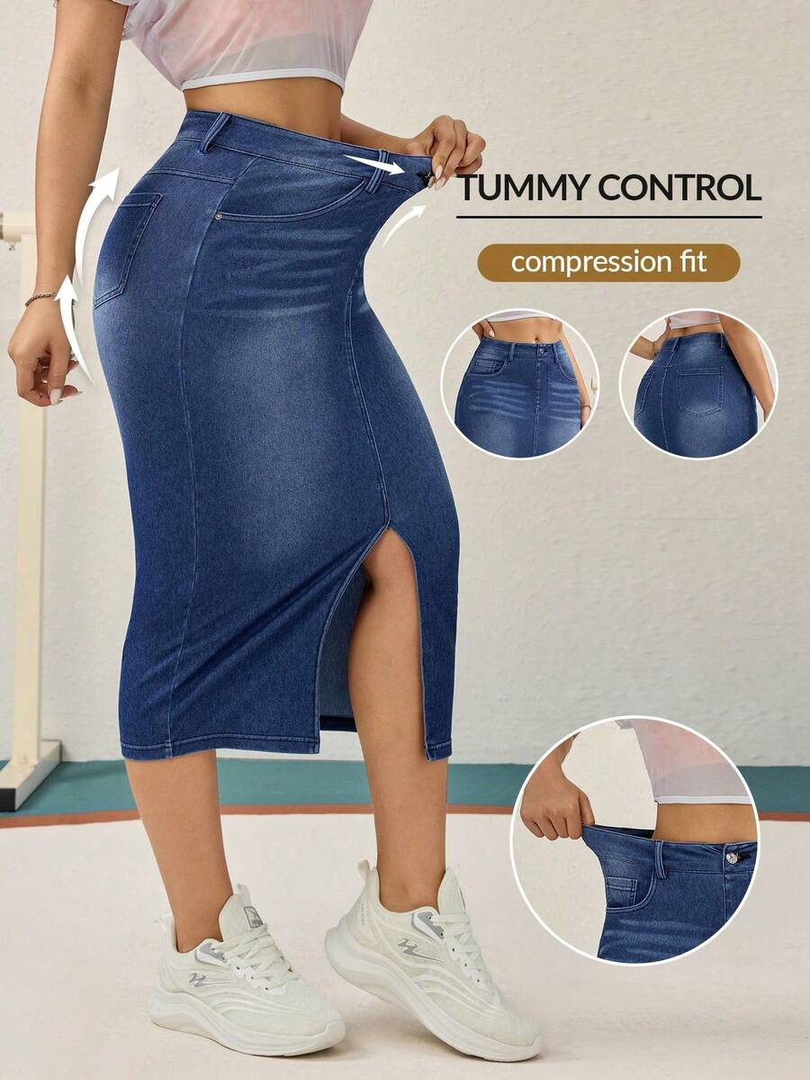 Flexra Casual High Stretch Fitted Washed Blue Denim Mini Skirt, All Season - Medium Wash - View 1