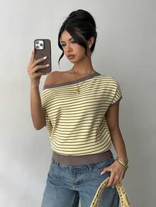 Aloruh 女士休闲日常黄色撞色条纹短袖毛衣，春夏款 - 彩色 - 查看 5