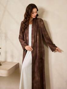 Al Najma Áo choàng Abaya Ả Rập hở phía trước cổ điển kiểu Trung Đông mới dành cho nữ màu nâu in họa tiết nhuộm loang - màu nâu - Xem 1