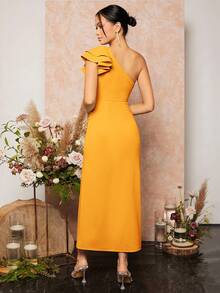 SHEIN Belle Solid Color Ruffle Asymmetric Neckline High Slit Elegant Bridesmaid Dress - Yellow - View 2