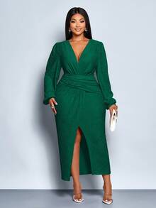 SOLERSUN 大码女装纯色秋冬气质优雅V领不对称交叉下摆泡泡袖连衣裙，适合派对和音乐节，长袖下摆开衩杏色质感面料连衣裙，秋季婚礼宾客礼服，女士优雅连衣裙，舞会礼服，2026，新年，绿色 - 墨綠色 - 查看 3