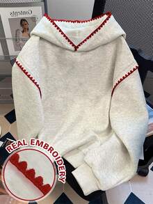 INAWLY Women's Sweatshirts/Casual Simple Fashion Sweatshirts/Fashionable Tops/Fun Sweatshirts/Loose Round Neck Long-Sleeved Sweatshirts Suitable For Autumn And Winter/Women's Spring Pullovers, Women's Lace Contrast Hooded Sweatshirts, Long-Sleeved Tops, Back-To-School Autumn And Winter Hoodies - Grey - View 4