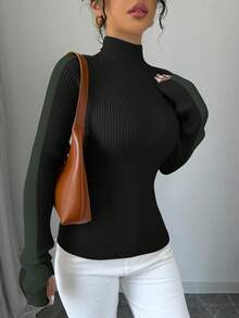 SHEIN 女士撞色高领长袖简约毛衣 - 黑色 - 查看 4