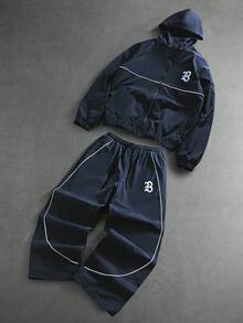 PAVTROS Men's Letter Print Hooded Zip-Up Jacket And Contrast Trim Pants Set Men 2 Piece Set Men Street Wear Sets Men Tracksuit Set Jogging Suits Men Jogging Set,Windbreaker/Outdoor Windbreaker,Parka,Streetwear,Jogging,