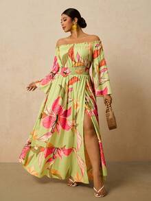 Travachic Robe longue à manches longues et imprimé floral vert pour femmes grandes tailles, robe longue à épaules dénudées avec taille cintrée et fente avant en forme de ligne A, robe romantique pour un rendez-vous au début du printemps - Vert - Voir 1