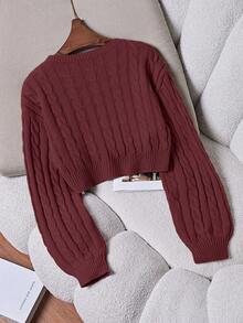 Franclia Rose Red Cable Knit Pullover Sweater Women's Casual Crop Top Long Sleeve Drop Shoulder Rib-Knit Round Neck - Rose Red - View 2