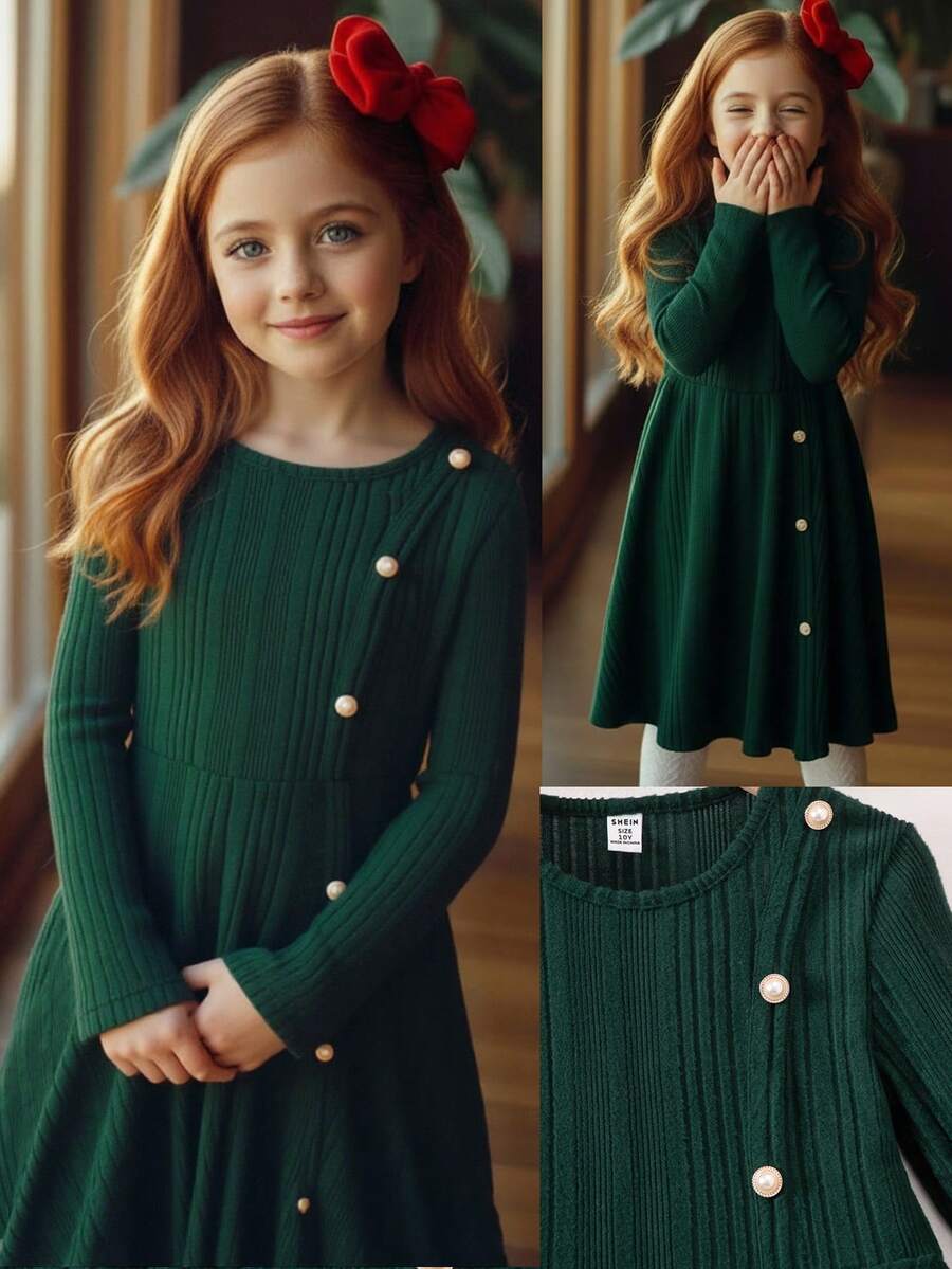 Emery Rose Kids Váy len dệt kim cổ tròn tay dài màu xanh lá cây cổ điển vừa vặn cho bé gái tuổi mới lớn, phù hợp cho mùa thu đông, màu đỏ cho Giáng sinh, trang phục dự tiệc, trang phục hàng ngày đến trường, sinh nhật - màu đen - Xem 1