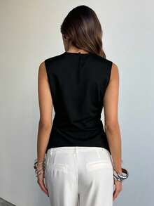 Aloruh Women's Elegant Commuter Fitted Cross Waist Solid Gray Shirt,Black Top - Black - View 2