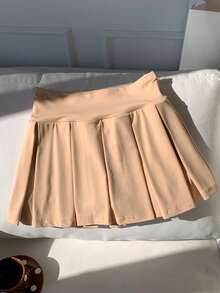 Comfortcana 休闲纯色百褶迷你裙 - 杏色 - 查看 6