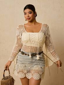 Travachic Plus Size Vintage Hollow-Out Knit Cover-Up, Early Spring Niche Design Sense Long Sleeve Sweet & Spicy Style Mid-Length Pullover Sweater, Summer For Women Beach For Women Vacations Women Holiday Sweater For Women Resort Wear Women Crochet Top - Apricot - View 7