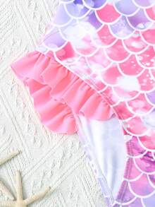 SHEIN 少女情人节度假休闲沙滩渐变鱼鳞印花荷叶边连体泳衣 - 粉色 - 查看 7