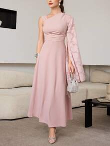 Modelyn Elegant Jacquard Fabric Asymmetrical Shoulder Waist Cinched Party Dress - Baby Pink - View 4