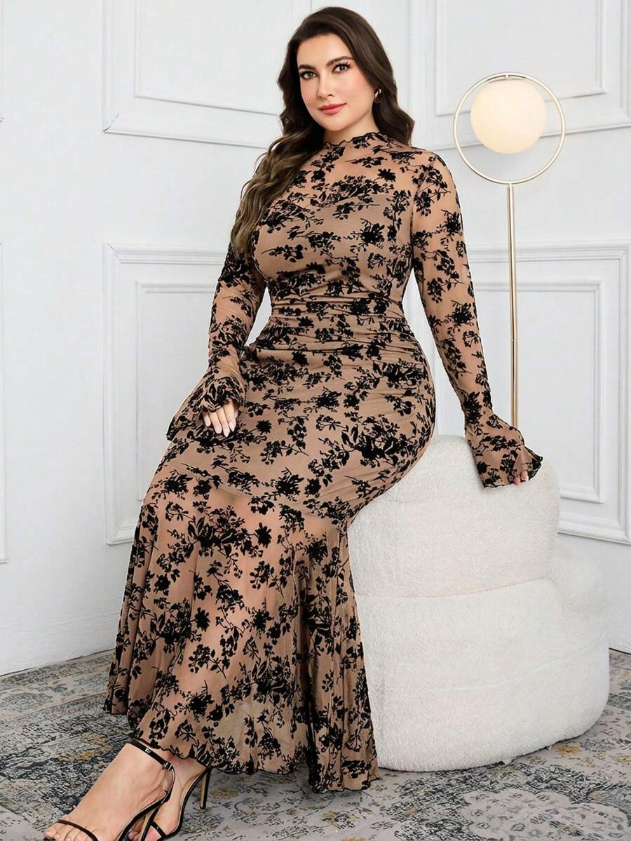 Modelyn Plus Size Elegant Floral Flocked Flare Sleeve Fish Tail Hem Dress, Autumn - Coffee Brown - View 1