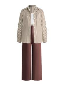 Modmama Maternity Casual Commuter Striped Shirt, Tank Top And Pants Set Picnic Outfit Women Summer Outfits For Women Two Piece Outfits For Woman Brown Outfit Women Woman Outfits Sets - Brown - View 14