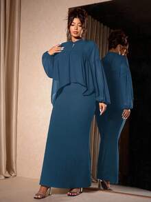 Cravure Bộ áo khoác và váy liền thân kiểu Trung Hoa mới cỡ lớn bằng vải voan cổ áo chống nắng nhẹ cho nữ - Màu xanh lam - Xem 3