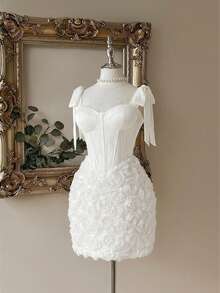 Lovelzi Váy quây màu hồng thanh lịch, lãng mạn, gợi cảm với vải hoa 3D, ôm eo và dáng ôm sát, dáng ngắn, thích hợp cho tiệc tùng và cocktail - trắng - Xem 4