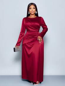 SOLERSUN 女士优雅纯色褶边缎面紧身连衣裙，适合约会派对长款女装 - 酒紅色 - 查看 4