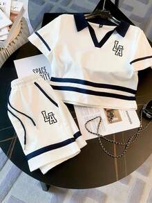 Franclia 修身 Polo 领插肩短袖上衣 + 休闲短裤套装