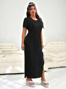 Solflare Plus Size Casual Solid Color Side Slit Loose Dress, Spring,Graduation Dress - Black - View 6
